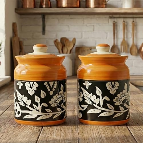 Image of D'Maiolica Ceramic Handmade Pickle Jars In 1000Ml(Set Of 2) | Ceramic Container Set For Kitchen Storage | Pottery Jars For Achar,Spices,Salt,Black (Pack Of 2) (Full Floral Yellow Black Bale)