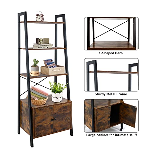 Babion Ladder Shelf, 4-Tier Tall Bookcase With Storage Cabinets Ladder Bookshelf Industrial Wood Storage Shelf With Metal Frame Vintage Display Standing Shelf Units For Home, Office(Rustic Brown) #TOP3