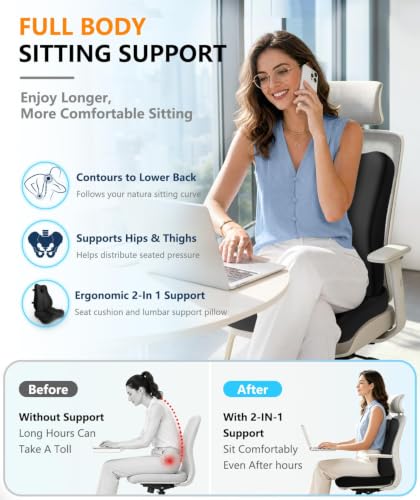 Lumbar Support Pillow & Seat Cushion for Office Chair, Memory Foam Office Chair Cushion for Tailbone Pain Relief and Lower Back Support, Ergonomic Desk Chair Cushion for Gaming,Wheelchair,Home — view 2