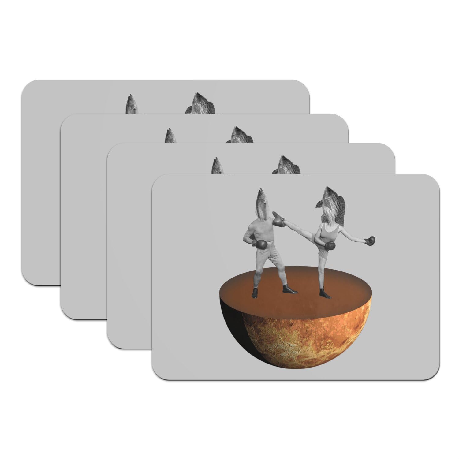 Sets de table en caoutchouc gris grand format motif poisson surréaliste