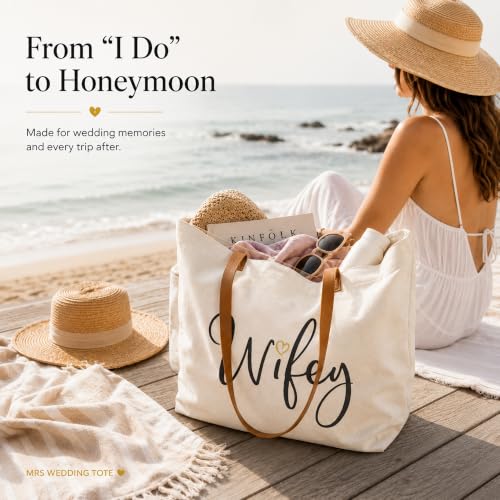 Image of ELEGANTPARK Wifey Tote Bag for Bride - Large Canvas Wedding Bag with Zipper - Bachelorette Party Engagement Gift, Honeymoon Beach Travel Bag
