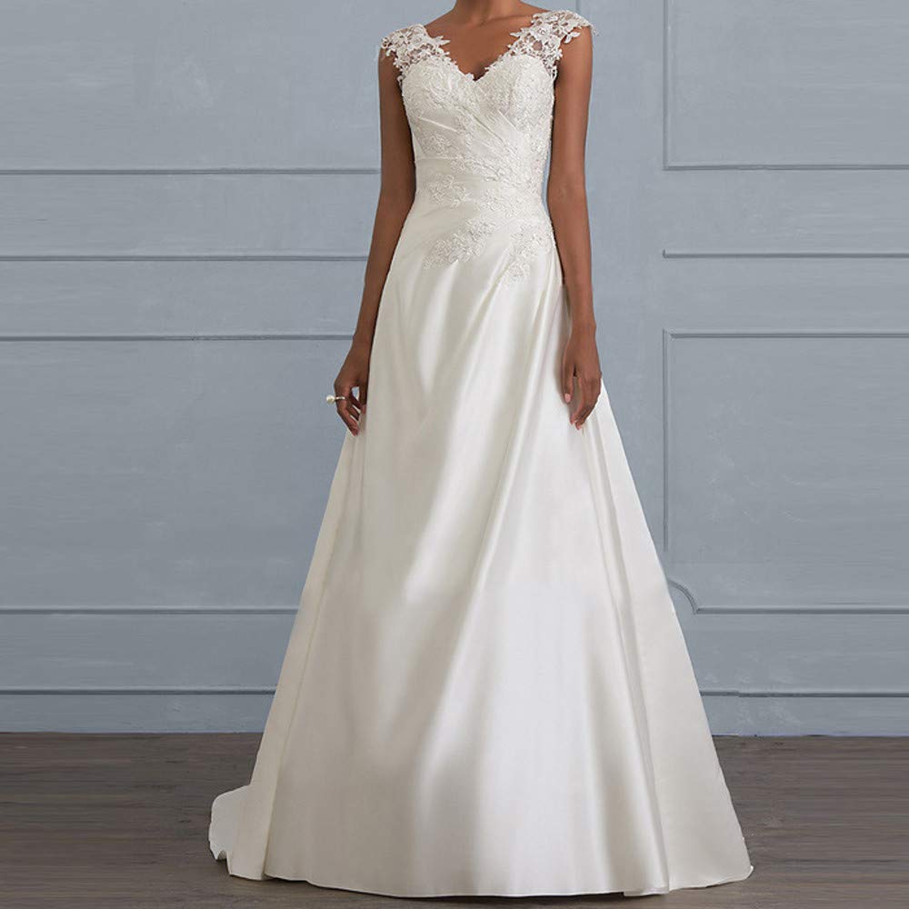 Abito da Sposa Donna Elegante Senza Maniche Scollo a V Nuziale con Spacco Pizzo Lungo per Matrimonio/Fidanzamento/Sera/Foto (White, M)