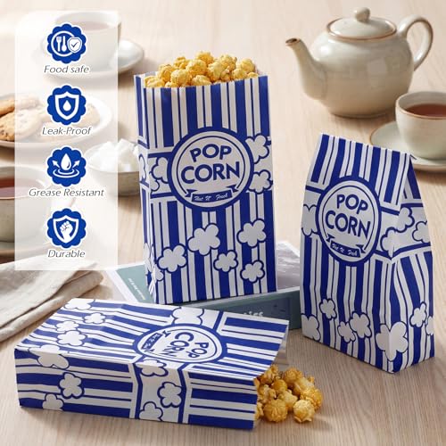 Image of Leinuosen 200 Pcs Paper Popcorn Bags Bulk 2 oz Large Flat Bottom Boxes Disposable Container Sleeve Movie Night Popcorn Bucket for Retro Movie Themed Party Carnival Supplies (Dark Blue)