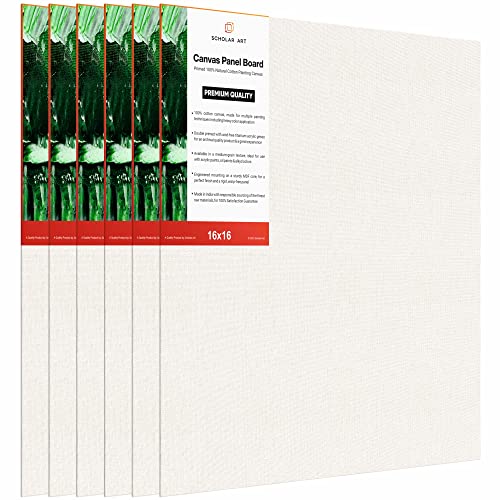 Image of Scholar Art Hobby Series 04 Oz (230 GSM) 100% Cotton Canvas Panel Board for Painting (White Blank Canvas Boards for Acrylic Paint, Oil Paint, Wet & Dry Media) | 16 inchx16 inch (40x40 cm), Pack of 6