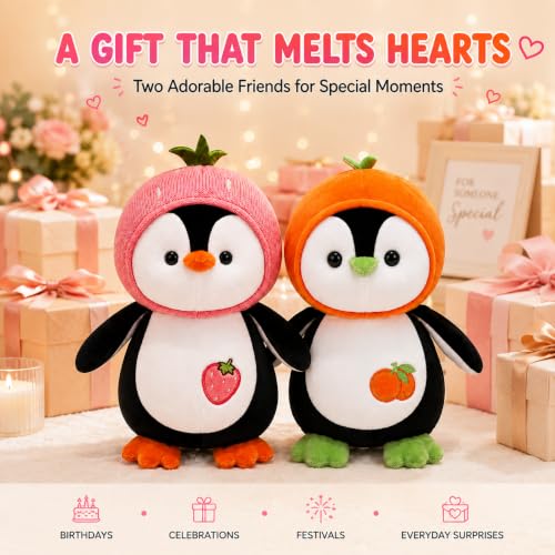 Image of Plushy Penguin Soft Toy 25cm (Pack of 2) | Adorable Plush Penguin with Pink & Orange Outfits | Perfect for Kids, Gifts, and Home Decor | for Birthday Gifting, Thanksgivings, New Year Gift
