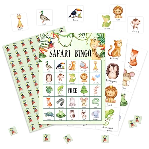 valucise Safari Jungle Bingo Game Cards, Jungle Animals Bingo Games for Adults, Tropical Bingo Cards Supplies, Palm Leaves Birthday Party Decor Favors, Card Gifts for Friends Family Holiday, 06