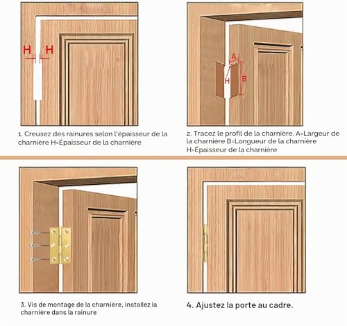 Anstore 4 Grandes Charnières Robustes Réglables en Acier Inoxydable avec 24 Vis Pour Porte en Bois, Porte de Jardin et Extérieur, Charniere Doré 70x40x1,3 mm, Vis 12×5mm – vue 5