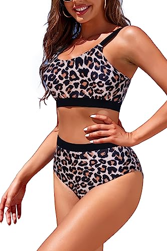 Image of Womens High Waisted Bikini Sets Sporty Crop Top Color Block Swimwear Bandeau Scoop Neck Vintage Two Piece Bathing Suits