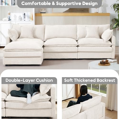 Image of 102 inch L Shaped Modular Sectional Sofa, Comfy Upholstery Chenille Cloud Couch with Ottoman, Modern 4-Seat Deep Seat Sofa with Pillow for Living Room, Apartment, Beige White