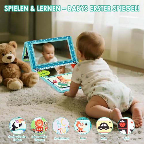 LustLocke Baby Spiegel Spielzeug mit Knisterbuch, Doppelseitig Faltbares Bauchlage Spielzeug mit Kontrastmuster, Neugeborenen Spielartikel mit Beißringe für Babys Jungen Mädchen 0-12 Monate