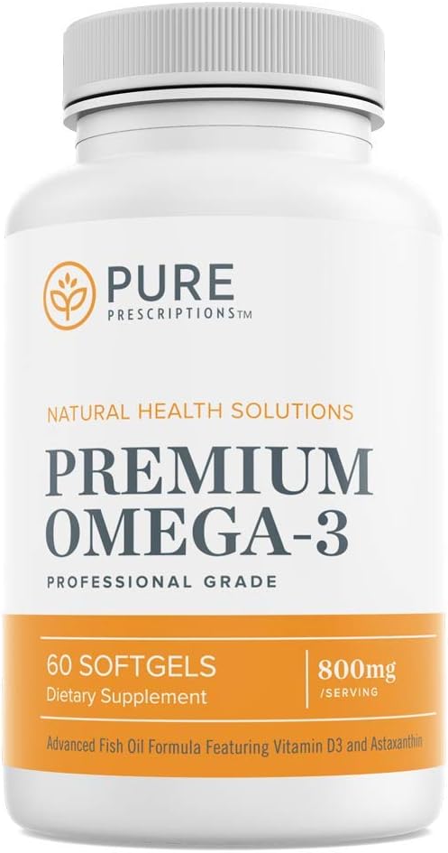 Pure Prescriptions Premium Omega 3 Fish Oil - DHA, EPA, Vitamin D3 and Astaxanthin Supplement - Promotes Healthy Skin, Cardiovascular Support, Anti-Inflammatory, Brain Function - 60 Softgels