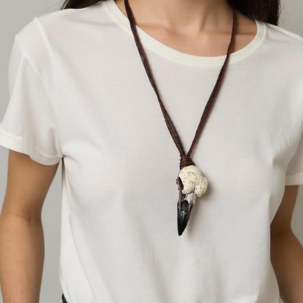 Raven Skull Necklace, Viking Necklace Men & Women, Halloween Resin Bird Head Bone Jewelry Pendant Necklace with Adjustable Leather Cord, Figurine Scavenger Gothic Crow Sculpture Witchy Gift - Image 2