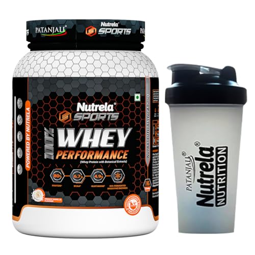 NUTRELA Sports Patanjali Whey Protein 1kg with Shaker | Concentrate + Isolate | 24g Protein Per Scoop | 6.7g BCAA, 4.9g Glutamine with Digestive Enzymes for quick absorption & easy digestion | Muscle - Building & Recovery | 100% Vegetarian | French Vanilla