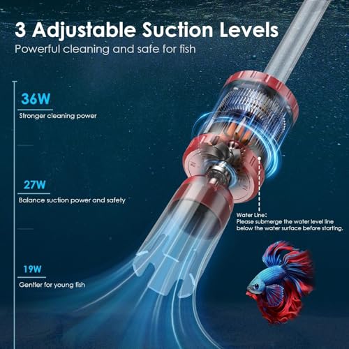 Image of AKKEE Aquarium Vacuum Gravel Cleaner, 36W Electric Fish Tank Cleaner Vacuum, 8 in 1 Multifunctional Aquarium Cleaner for Automatic Water Change, Wash Sand, Water Circulation and Timed Off, red