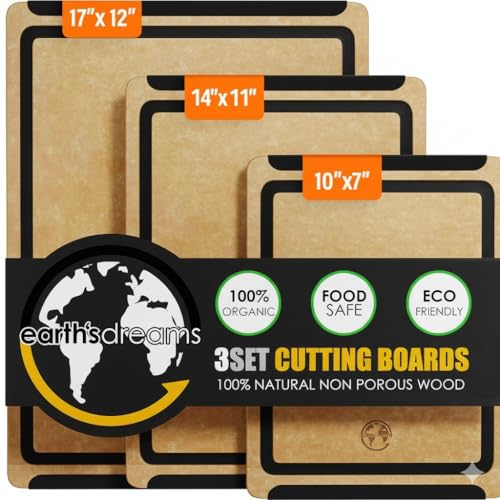 Comparison: Best Non Plastic Cutting Board Dishwasher Safe 8 Earth’s Dreams Wood Cutting Board Set 3-Piece: Small, Large & Extra Large - Charcuterie Board, Non-Plastic, Non-Toxic, Heavy-Duty, Dishwasher Safe (Tan/Black)