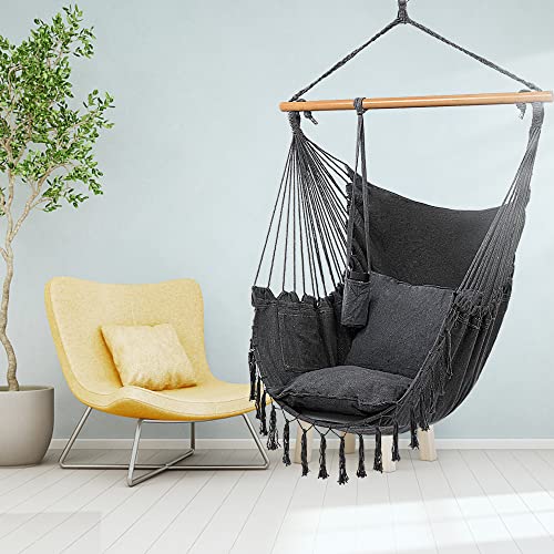 ONCLOUD XXL Hammock Chair Macrame Hanging Rope Swing Seat w/Side Pocket, Includes Drink Holder 2 Cushions Carry Bag All Hanging Hardware for Patio Bedrooms Indoor/Outdoor (Grey)
