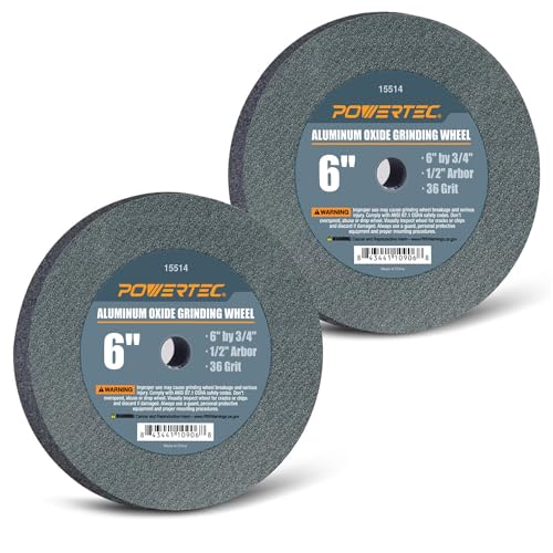 Image of POWERTEC Bench Grinder Wheel 6 Inch 36 Grit, Aluminum Oxide Grinding Wheel for Bench Pedestal Grinder, 3 /4 inch Thick 1 /2 inch Arbor, Sharpening & Shaping Drill Bits, Blade, and Chisel 2PK (15514-P2)