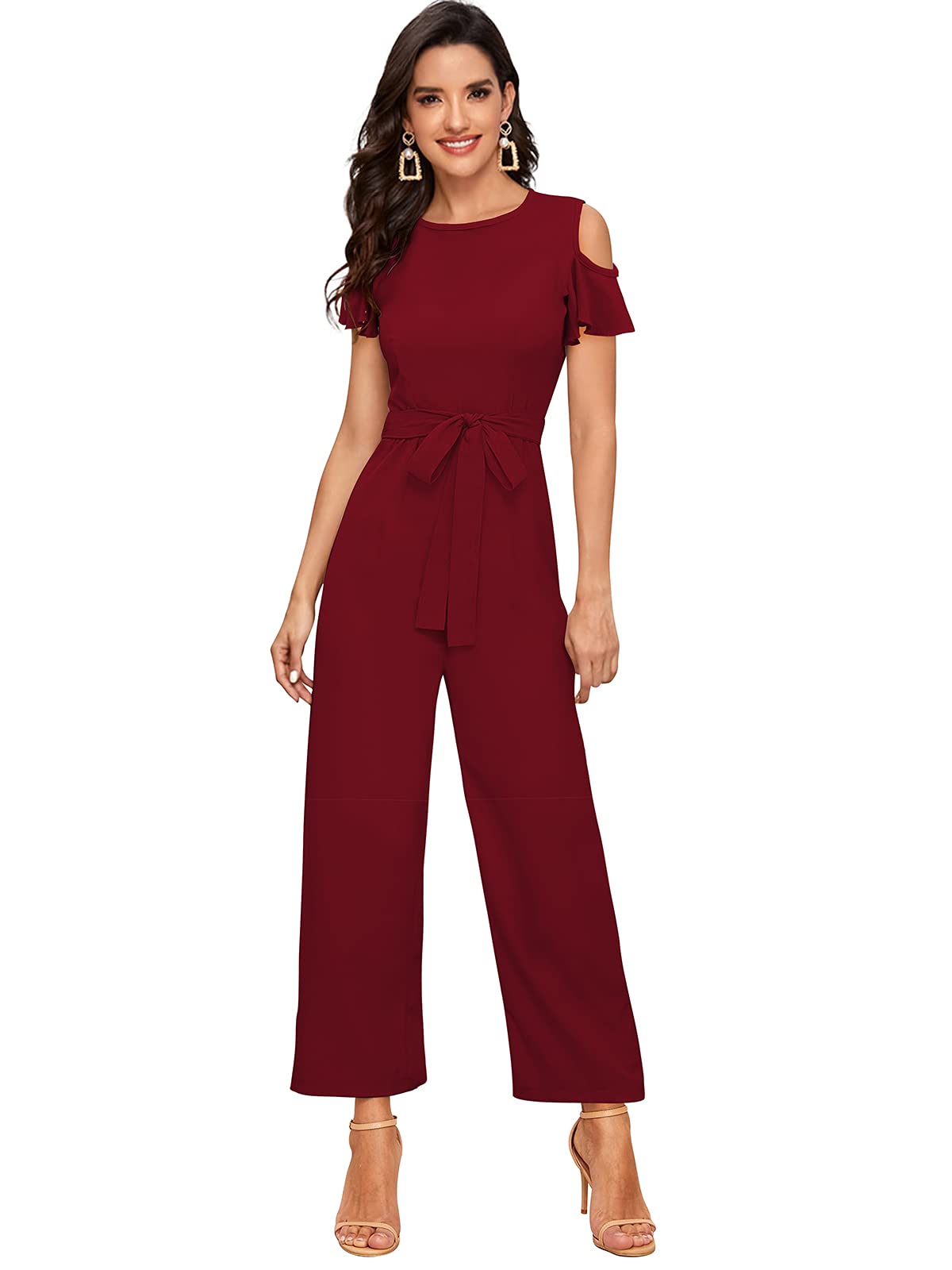 london belly Women's Elegant Maxi Jumpsuit with Round Neckline, Short Sleeves, Flared Hem, Adjustable Waist Tie, Comfortable and Stylish Outfit for Casual and Semi-Formal Wear-picture-16