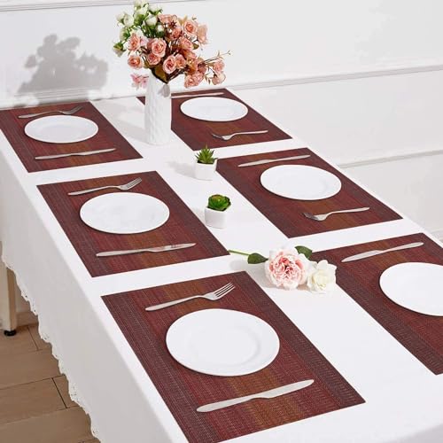 Image of YELONA Placemats Set of 4, Heat-Resistant Woven Vinyl Table Mats, Non-Slip & Washable Dining Tablemats for Kitchen & Dinner Decor, Ombre Red (45cm x 30cm)