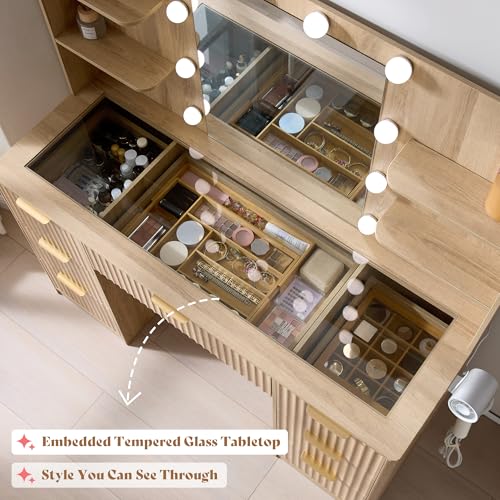 Image of AMERLIFE 47.2 inch Fluted Vanity Desk with Mirror and Adjustable LED Lights, Large 7 Drawers Makeup Table with Glass Top and Charging Station for Women and Girls, Bedroom or Dorm, Natural Oak