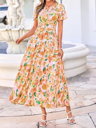Image of BTFBM Womens Summer Floral Maxi Dresses V Neck Short Sleeve Boho Casual Flowy Long Wedding Guest Dress Beach Vacation