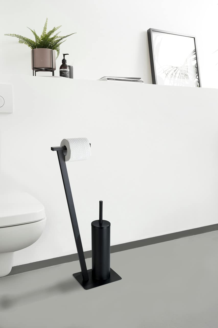 WENKO Stand WC-Garnitur Lirio, Ständer für Toilettenpapier & Toilettenbürste, WC-Papierhalter, stehender Rollenhalter inkl. Bürste, lackierter Stahl, 15 x 68,5 x 30 cm, Schwarz matt