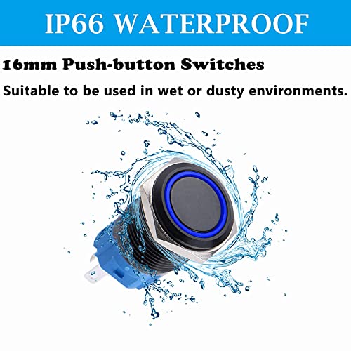 Jiqi 16Mm Momentary Push Button Switch Waterproof 12V-24V 1No 1Nc Black Aluminium Alloy Metal Push-Button Switch Ring Led With Wire Socket Plug For Car Marine(Blue,Pack Of 2) #TOP3