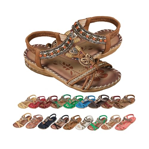 Women'S Flats Sandals Summer Bohemian Beaded Dress Shoes Comfort With Elastic Ankle Strap Women Flats Open Toe Sandal Comfortable Ankle Strap Outdoor Walking