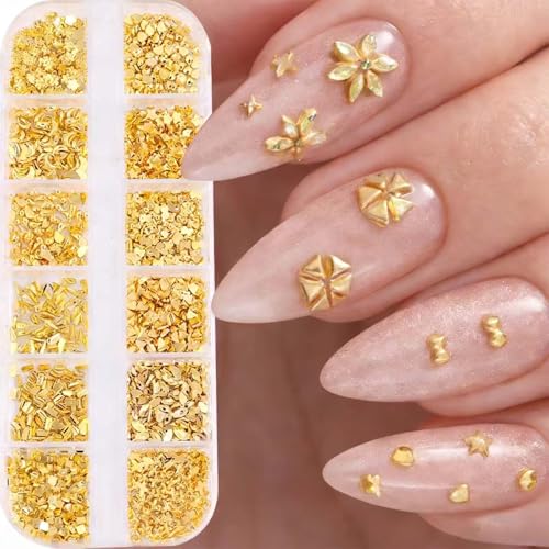 AWDSLUY 1BOX/12Girds Gold Nail Art Charms 3D Alloy Flower Star Butterfly Nail Studs Spring Golden Heart Bow Jewels Nail Supplies Nail Diamonds Flatback Bullion Nail Art Accessories for Women Manicure