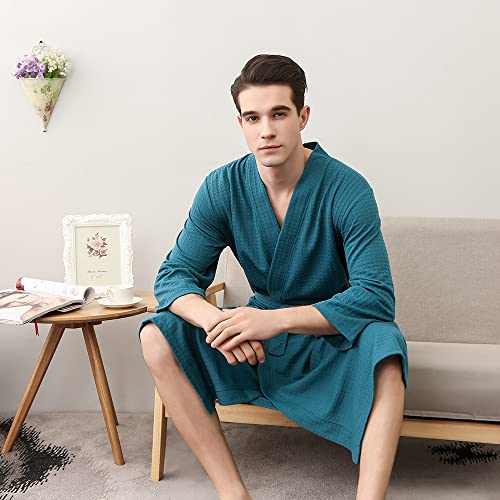 Rojeam Mens Kimono Waffle Robe Unisex Lightweight Soft Knee Length Spa Bathrobe Sleepwear with Pockets2