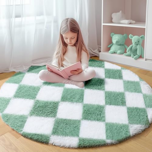 Image of KICMOR Round Rugs 5ft for Bedroom Living Room, Fluffy Soft Circle Area Rug Fuzzy Shag Shaggy Carpet, Sage Green and White Checkered Circular Rug for Kids Boys Girls Room Nursery Home Decor Aesthetic