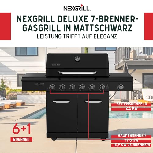Nexgrill Deluxe 6+1 Brenner Gasgrill matt schwarz – Grill Gas mit Seitenkochfeld, porzellanbeschichteten Gusseisenrosten, Edelstahlbrennern, Ideal für Gartenpartys & Outdoor BBQ 2