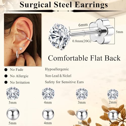 BESTEEL Hypoallergenic Surgical Steel Flat Back Earrings for Sensitive Ears | Silver Gold Small Stainless Steel Earrings for Women Men Tiny CZ Ball Flatback Earrings Cartilage Hoop Stud Earrings Set for Multiple Piercing 20G4