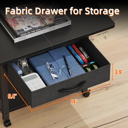 Image of YAOHUOO 22 inchx15 inch Large Printer Stand with Drawer, 2-Tier Rolling Table Cart | Under Desk Printer Table,Storage Fabric Drawer,Fit printer /fax /3d /scanner,4 Lock Wheels or Feet,For Home Office Dorms,Black