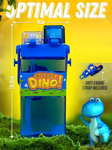 Image of Dino Kids Cartoon Water Bottle with Adjustable Strap, Leak-Proof Double Drinking Straw Cup, Portable Tumbler for School & Outdoor Fun - Pack of 1, Color May Vary