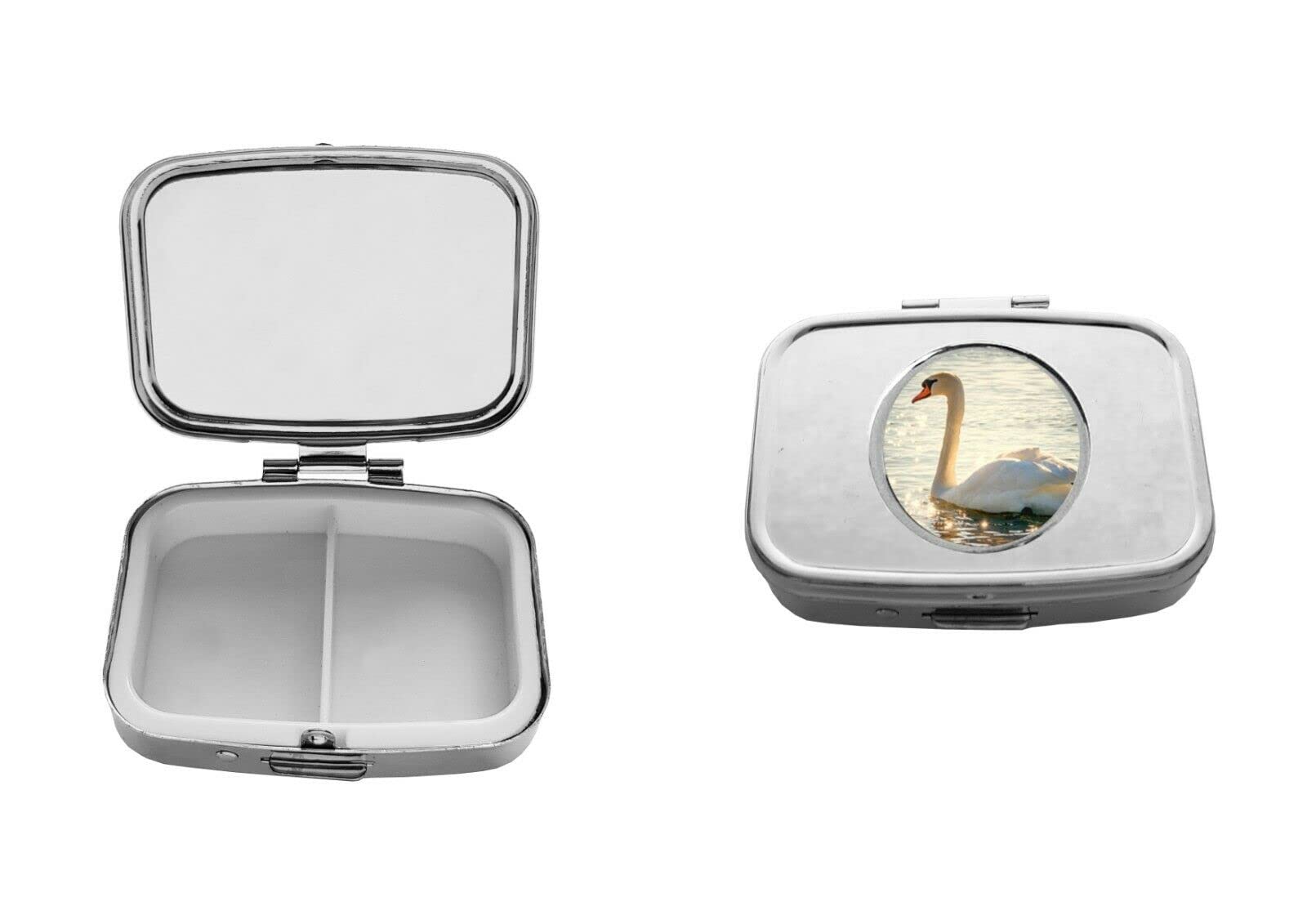 lake white swan codesd5 DOME on a silver coloured metal compact pill Tablet trinket box 2 slot