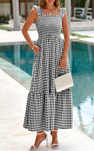 Image of PRETTYGARDEN Women's Summer Dress Casual Ruffle Strap Gingham Midi Sundress