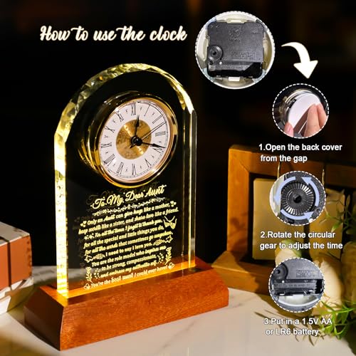 Image of Arikyrist Aunt Gifts from Niece Nephew with Wooden Light Base Meaningful Glass Clock Aunt Birthday Gifts Unique Presents for Best Auntie Christmas Mother's Day Thanksgiving Table Decor