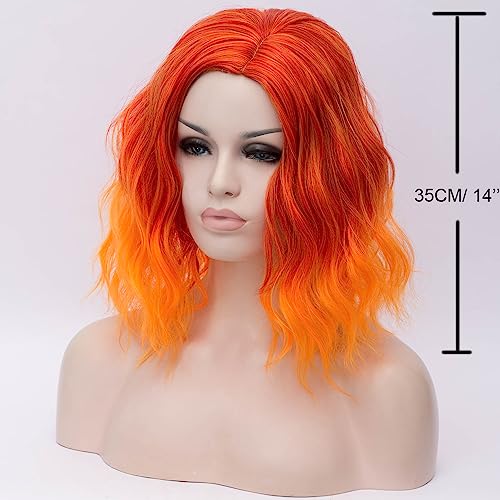 Image of BERON 14 inch Women Girls Short Curly Bob Wavy Wig Body Wave Halloween Cosplay Daily Party Wigs (Ombre Orange)