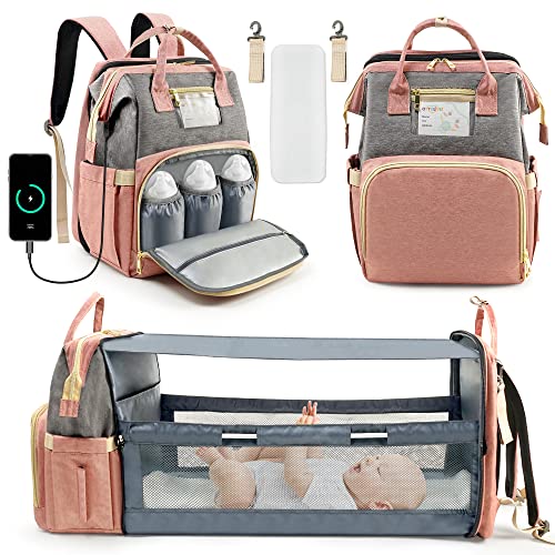 OTTOLIVES Diaper Bag Backpack, 3-1 Baby Diaper Bags, Baby Bag with Changing Station And Large Capacity, Travel Foldable Baby Bed for Girls and Boys (Pink)