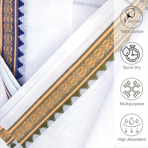 Image of Handloom Pure Cotton Traditional God Towel | Gamcha /Angocha Towel | Fast Absorbing Bath Towels for Men, Women & Kids | Perfect for Everyday Use |Pack of 2 | Size 76 x 178 cm | White