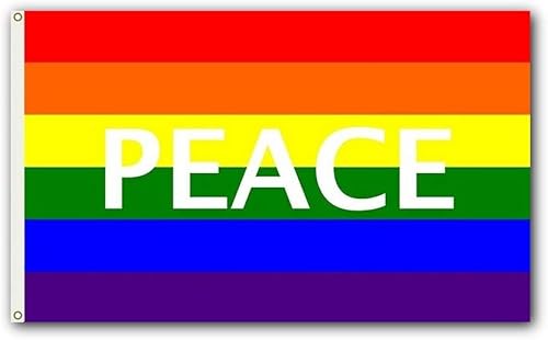 Bandera para exteriores de SSK de poliéster resistente al clima por ambos lados. Tamaño grande 3 pies por 5 pies, arcoiris (Rainbow Peace Letters)