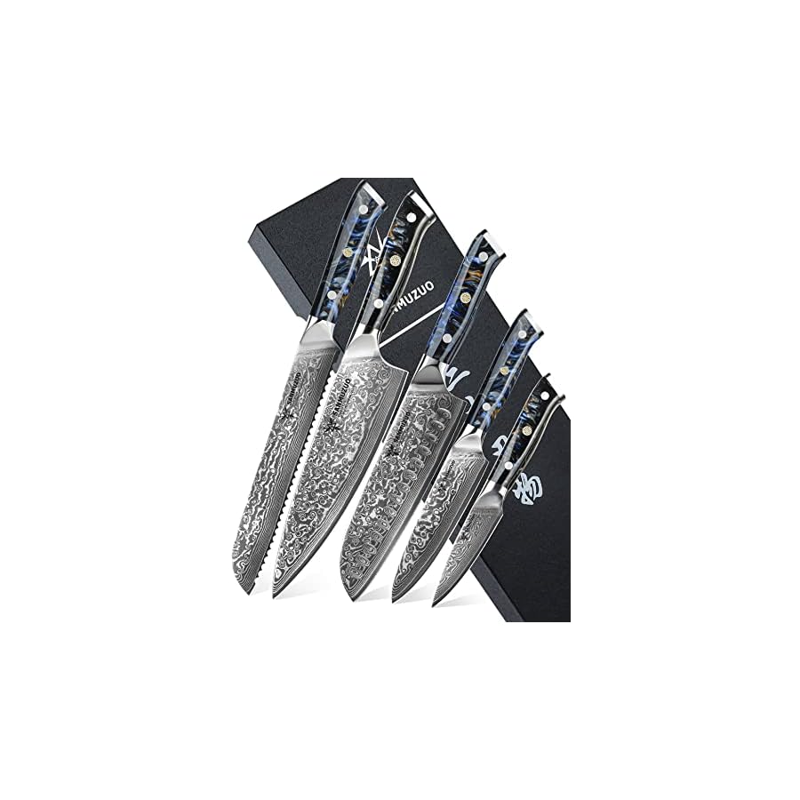 SANMUZUO Chef Cooking Knives Set- Kitchen Knife Set of 5 Piece - Ultra-Sharp VG10 Damascus Steel & Resin Handle - Xuan Series (Starry Black)