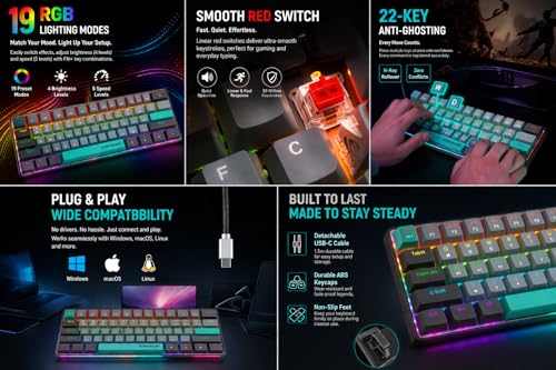 Sumvision Seeker Destroyer II 60% Mechanical Gaming Keyboard Red Switch Compact RGB Backlit (19 Modes) Anti-Ghosting, Detachable USB-C, US Layout with £ Support Wired Keyboard for PC Mac Laptop Gaming - Image 4