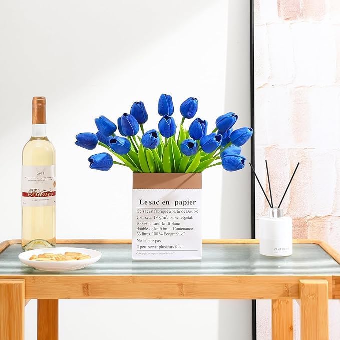 Image of Garden Art Artificial Tulip Flowers (Pack of 5) | Real Touch Silicone Single Stem Tulips for Home Decor, Living Room, Office, Vase & Wedding Decoration GAASTFB-1H-33Y (Blue)