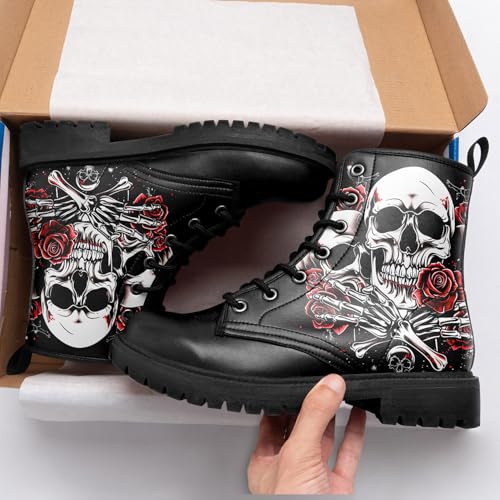 Image of Custom Black Combat Boots for Women Fashion Lace-Up Skull Rose Ankle Booties Chunky Heel Platform Leather Boots