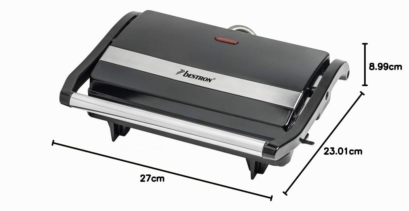 Bestron Piastra Tostapane, Griglia per panini con vassoio di raccolta, macchina per panini con impugnatura cool-touch e rivestimento antiaderente, 700 watt, Colore: Nero