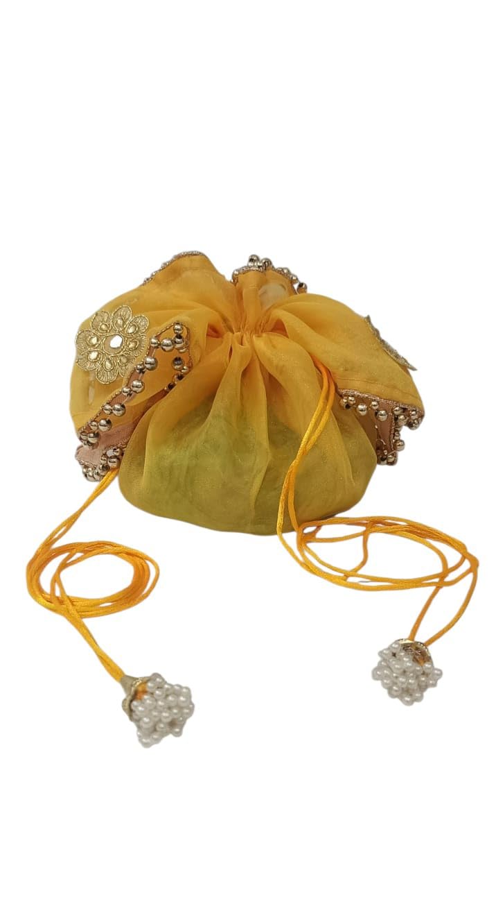 Pouch Bag For Women Yellow with Gold Embroidery Drawstring-image-4