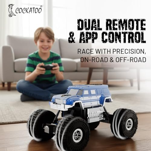 Image of Cockatoo-Kids Trailblazer 2WD Rechargeable Remote Control Car with App & Remote, Off-Road Monster Truck Toy for Boys Girls, Nitro Boost, Shock Absorber, Bluetooth Speaker, Fast USB Charging, Blue