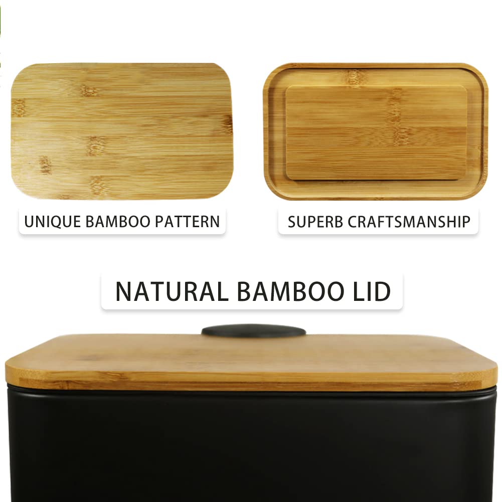 SIDIANBAN Small Trash Can with Bamboo Lid Soft Close and Foot Pedal, 1.3Gal/5L Rectangular Garbage Can with Inner Wastebasket for Bathroom,Bedroom, Office, Kitchen, Black